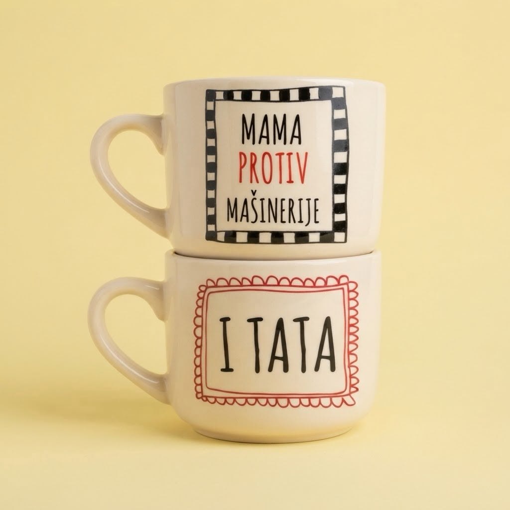 Dve bež šolje sa natpisima Mama protiv mašinerije i I tata